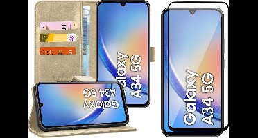 Hoesje geschikt voor Samsung Galaxy A34 - Screen Protector FullGuard - Book Case Kunstleer Pasjeshouder Goud & Screenprotector