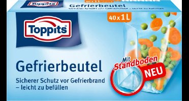 Toppits diepvrieszakken 1 liter (geen zipsluiting) 4 x van 40 stuks met GRATIS 15 herbruikbare afsluitklemmen.