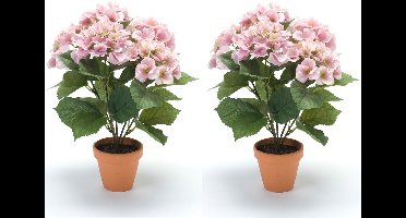 Set van 2x stuks roze hortensia kunstplant in kunststof pot 40 cm - Kunstplanten /Nepplanten - Hortensia planten in pot