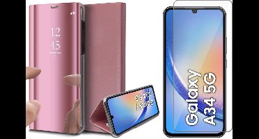 Hoesje geschikt voor Samsung Galaxy A34 - Screen Protector GlassGuard - Book Case Spiegel Roségoud & Screenprotector