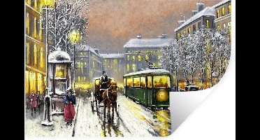 Muurstickers - Sticker Folie - Schilderij - Olieverf - Winter - Tram - Paard - 30x20 cm - Plakfolie - Muurstickers Kinderkamer - Zelfklevend Behang - Zelfklevend behangpapier - Stickerfolie
