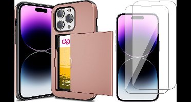 Hoesje met Pasjeshouder geschikt voor iPhone 13 Pro - 2x Screen Protector GlassGuard - Back Cover SlideCase Roségoud & Screenprotector
