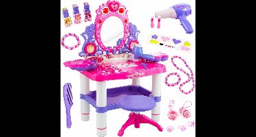 Kaptafel voor kinderen, make-uptafel voor meisjes, kaptafel, speelgoed, meisjes, make-uphoofd, speeltafel kinderen, roze make-uptafel met kruk en accessoires, licht, geluid, KP2798