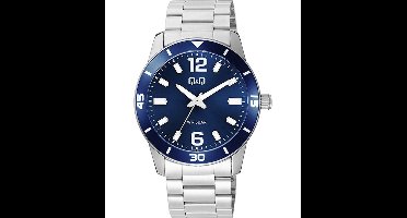 Q&Q Q85B-004PY - Horloge - Polshorloge - Analoog - Heren - Mannen - stalen band - Rond - Metaal - Streepjes - Cijfers - Zilverkleurig - DonkerBlauw