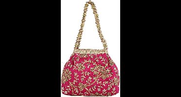 Dames Handtas- 21 x 8 x 18 cm - Vedantan -Katoensilk - Kleurrijk borduurwerk - Partij, Prom, Banket, Bruiloft - Feesten - Festival - Schattige - Avondtasje - PartyBag - Roze, gouden