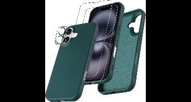 Hoesje Geschikt voor iPhone 16 Plus – Zacht siliconen liquid backcover met 2x screenprotectors gehard glas en 1x lens protector – Pine Groen