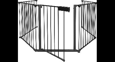 Sierra veiligheidshek Haardscherm - Kachelhek - Traphekje - 5 panelenhek - zwart - 300 cm Veiligheidshekje voor dieren - Openhaard hek Beschermrooster met Deur Metalen Kachelbeschermer Box Crash Barrier Dierenhek Deurbeschermer voor veiligheid
