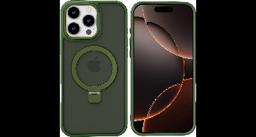 Hoesje Geschikt voor iPhone 16 Pro Max Magsafe hoesje - hard backcover - Magnetische Standaard - Ringhouder - Mat Transparant / Groen
