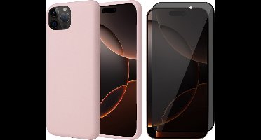 Hoesje geschikt voor iPhone 16 Pro Max - Privacy Screenprotector Volledig Dekkend Glas - Matte Case Roze met Fluweelzachte Binnenzijde
