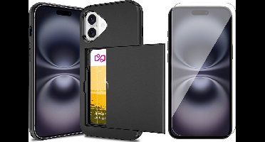 Hoesje met Pasjeshouder geschikt voor iPhone 16 Plus - Screen Protector GlassGuard - Back Cover SlideCase Zwart & Screenprotector