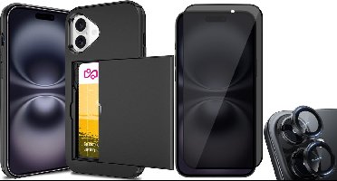 Hoesje met Pasjeshouder geschikt voor iPhone 16 Plus - Privacy Screenprotector FullGuard & Camera Lens Screen Protector Zwart - Back Cover SlideCase Zwart