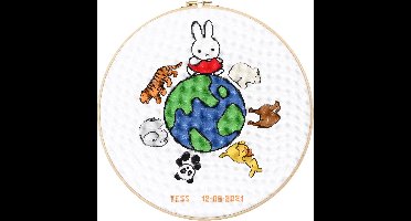 Pako Borduurpakket Geboorte - tel patroon met codekaart - geboorte Nijntje Wereld, Dick Bruna - 276.054 - voorgesorteerd garen - Aida - 30 cm Rond - DIY kit