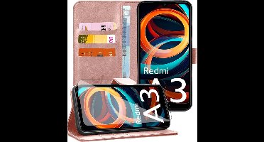 Hoesje geschikt voor Xiaomi Redmi A3 - Screenprotector Glas - Portemonnee Book Case Rosegoud