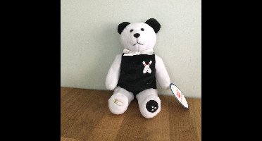 Bowling bowling wit zwarte beer met strik en bowlingpins op de borst geborduurd,  25 cm