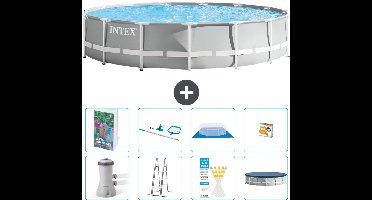 Intex Rond Prism Frame Zwembad - 457 x 107 cm - Grijs - Inclusief Pomp - Ladder - Grondzeil - Afdekzeil - Schoonmaakset - Speelgoed - 9-delig