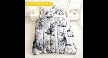 Dekbed zonder overtrek - twee kussenslopen - katten - poezen - flanel - bedrukt dekbed - tweepersoonsdekbed - hoesloos dekbed - matrasbekleding - 200 x 200 cm