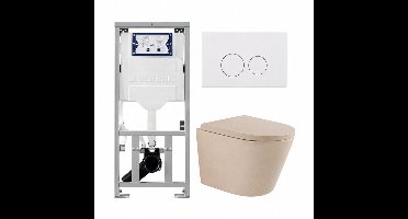QeramiQ Dely Toiletset - 36.3x51.7cm - diepspoel - rimless - Geberit UP320 inbouwreservoir - softclose toilet zitting 35 mm - glans witte bedieningsplaat - ronde knoppen - mat beige