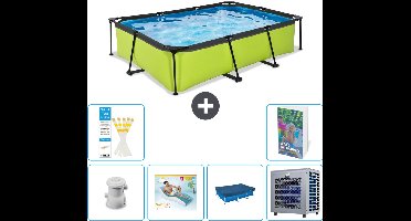 EXIT Rechthoekig Lime Frame Zwembad - 300 x 200 x 65 cm - Inclusief Pomp Loungebed - Afdekzeil - Warmtepomp - 7-delig