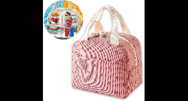Grote Isolerende Lunchtas 26x18x21 cm - Schattige Ribfluwelen Schoudertas - Herbruikbare Uniseks Lunchtas voor Werk, Picknick en Reizen (Roze Bloemen Patroon)