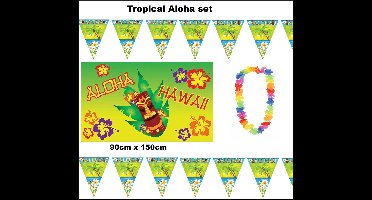 Tropical Aloha set - 2x vlaggenlijn Aloha 500cm + 1x Vlag Aloha 90cmx150cm + 12x hawaikrans - Tropicalparty beachparty themafeest beach summer