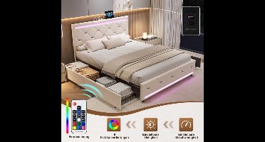 Bedbank – Slaapbank – Logeerbed – Sofa – 2-Persoonsbed – Met LED Hoofdbord – 4 Laden Opbergruimte – 140x200 cm – USB Oplaadfunctie