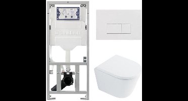 QeramiQ Dely Toiletset - 36.3x51.7cm - diepspoel - rimless - Geberit UP320 inbouwreservoir - met Burda frame - softclose toilet zitting 35 mm - glans witte bedieningsplaat - rechthoekige knoppen - wit glans