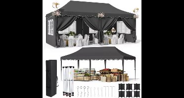 Tuinpaviljoen - Partytent - Partytenten - Paviljoen - Easy up Partytent - 3x6m - Waterdicht - Opvouwbare - Heavy-Duty - Inclusief 6 Zijpanelen – UV 50+ Bescherming - Zwart