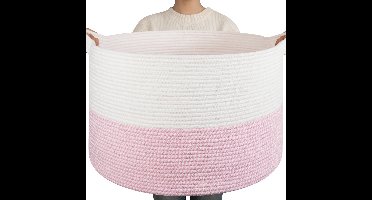 90L XXXL Dekenmand voor de Woonkamer – 55 X 35 CM Wasmand Van Gevlochten Katoentouw – Opbergmand met Handvat voor Speelgoed, Dekens en Wasgoed – Decoratieve Opbergmand (Wit en roze)