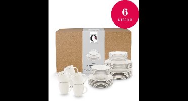 vtwonen Diner serviesset - Line - Ontbijtbord, Dinerbord, Ontbijtkom en Mok - Wit - 6 Persoons set