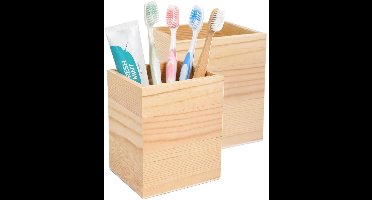 Excellent Houseware Tandenborstel houder - 2x - hout - 8 x 8 x 10 cm - vierkant - badkamer organizer