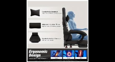 Gamingstoel – Gamestoel – Gaming Chair – Gamestoel Bureaustoel – Ergonomisch Design – Verstelbare Rugleuning 90°-135° – Inklapbare Voetensteun – PU-Leder Grijs