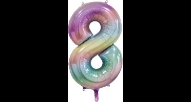 Folieballon cijfer 8 regenboog pastel, 86cm