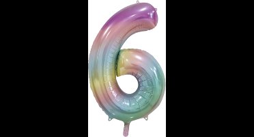 Folieballon cijfer 6 regenboog pastel, 86cm
