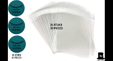 Bob Online™ - 20 Stuks Zakjes + 20 Stuks Blauw ‘hipe hiep Hoera’ Stickers – DIY Transparant Zelfsluitende Cellofaanzakjes 14x14,5cm – Voor Koekjes & Feestartikelen – Traktatie Cellofaanzakjes – 20Pcs Packets + 20 Blue ‘hiep hiep Hoera!' Stickers