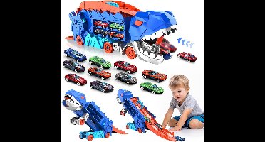 oCreon Transporttruck voor Speelgoedauto's met 10 Raceauto's - Draagbare Dinosaurustruck voor Jongens