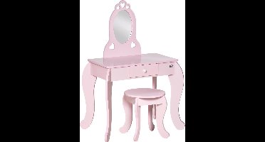 Amalee - Kaptafel hout - voor kinderen - Roze - Met krukje - en spiegel - met lade - 60X36X88Cm - duurzaam MDF voor langdurig gebruik -