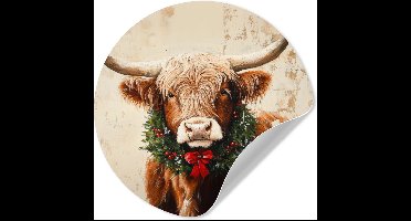 WallCircle® - Behangcirkel 30x30 cm - Muurstickers Kerst - Schotse Hooglander - Bruin - Krans - Muurcirkel woonkamer - Wandcirkel - Kamer decoratie zelfklevend - Muurdecoratie - Kerstdecoratie voor binnen - Kerstversiering - Kerstmis versiering