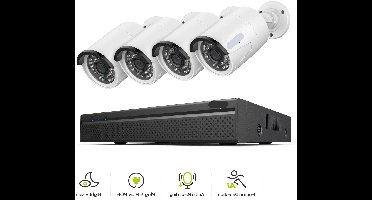 Beveiligingscamerasysteem - 3MP Camera - 8CH NVR - Menselijke - AI-detectie - POE - Buiten - Draadloos - IP66 Waterdichte - Bewakingscamera - Beveiligingscamera - Bedraad CCTV Systeem met Audio en Nachtzicht - 2TB Harde Schijf - 4 Stuks - Wit