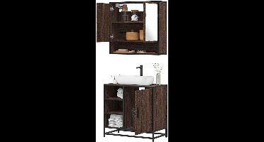 Badkamermeubelset – Wastafelonderkast – Spiegelkast – Badkamerkast – Opbergkast – Bruin Eiken Houtlook – Stevig Metalen Frame – Ruime Opbergruimte