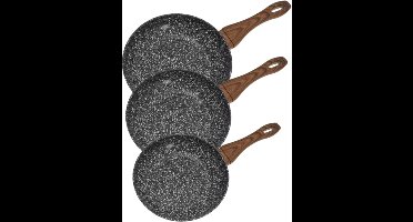 Kookpannenset - 3-delig - Frying Pan Set - Met Siliconen Coating Handgreep - Anti-aanbak - Inductiegeschikt - Duurzaam & Functioneel - Ø20 / Ø24 / Ø28 cm - Marble Grey