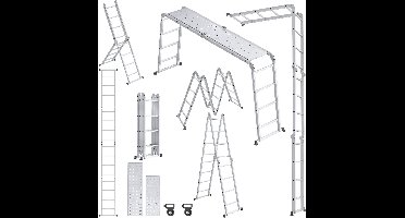 Vouwladder – Multifunctionele Ladder – Klapladder – Huishoudtrap – Werksteiger – 4,7 meter – Aluminium – Draagkracht 150 kg – Inclusief 2 Platformen