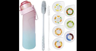 Luchtwaterfles, 650 ml, met 7 smaakcapsules, BPA-vrij, lekvrij, milieuvriendelijk, perfecte hydratatie voor de sportschool, kantoor, reizen en buitenavonturen, met 2 komborstels, Roze met kleurverloop