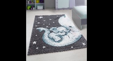 Kinderkleed met olifantenmotief, blauw, kinderkamerkleed, jute achterkant, afmeting: 120 cm x 170 cm
