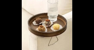 Ronde Walnoot Sofa Tray met Klem – Ruimtebesparende Opvouwbare Bijzettafel voor Drankjes en Snacks
