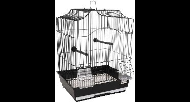 Vogelkooi – Flamingo Lampung 2 – zwart huis – 34x28x44,5 cm – metalen vogelkooi met zitstokken & eet-/drinkbakjes – uitschuifbare lade – geschikt als vervoerskooi of ziekenkooi