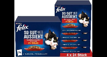 FELIX Zo lekker als het eruit ziet Nat kattenvoer in gelei, assortiment, (4 x 24 x 85g)
