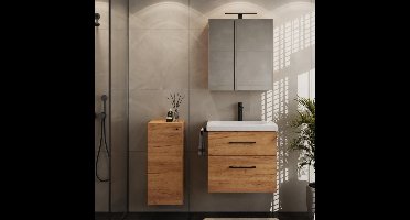 Badkamermeubelset – Badmeubel – Wastafelmeubel – Spiegelkast – Opbergkast – Goudkleurig Eiken – Keramische Wastafel – Inclusief LED-Verlichting en Stopcontact