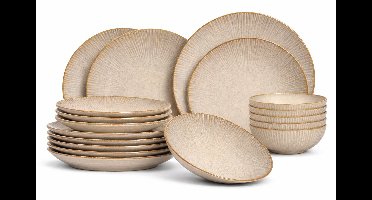 Cookinglife Serviesset Coastal Lines Ocean Beige 18-delig - Servies Set 6 Personen - Modern Design Aardewerk - Vaatwasser- & Magnetronbestendig