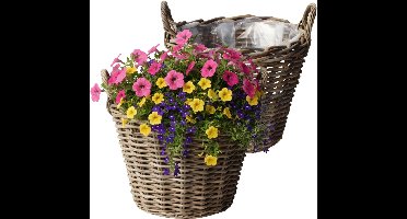 VD Leeden Plantenmand Klassiek - 2x - rond - bruin - 40 x 30 cm - rotan - gevlochten riet - bloempot