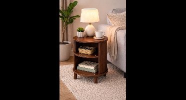 Rond Japandi Bijzettafel / Nachtkastje – Massief Houtlook – Ø37 x 51 cm